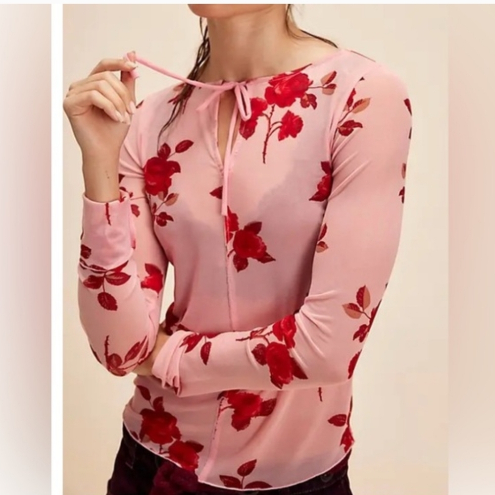 Free People Tried And True Pink Floral Tie-Neck Long Sleeve Top